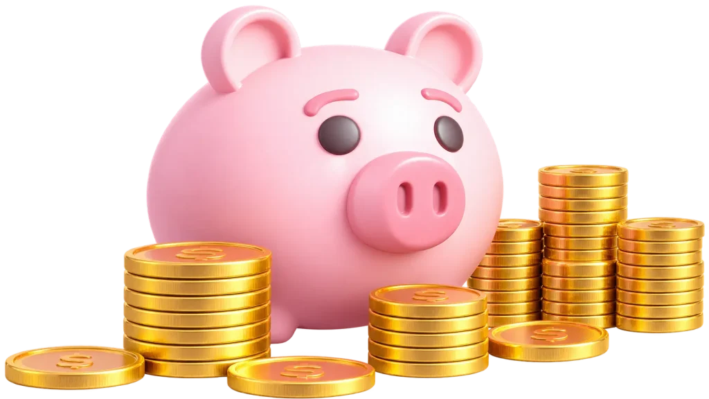 Cerdito rosa con monedas doradas