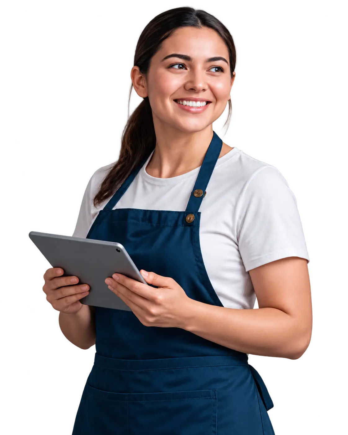Mujer sonriente con tablet y delantal azul